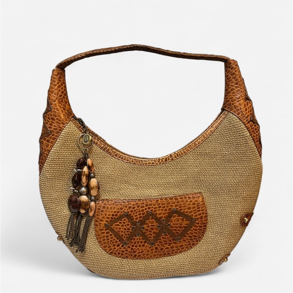 Eric Javits Woven Straw & Leather Hobo Bag Retro Boho